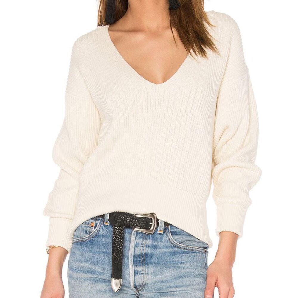 Free People Allure Pullover RIBBED ivory V NECK Sweater sz XS